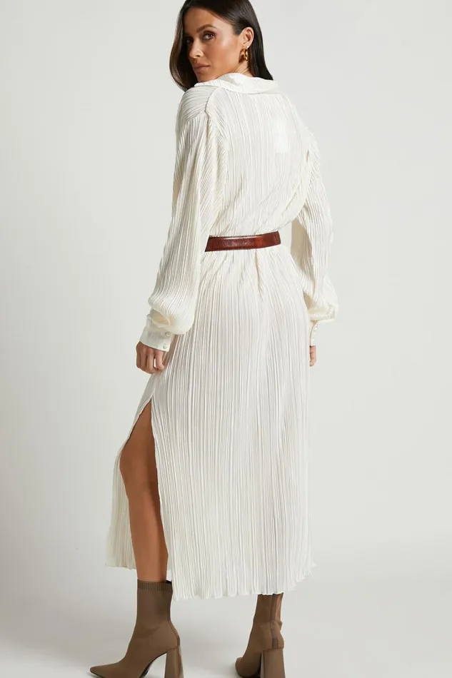 Donelli Midi Dress 8211 Plisse Oversized Collared Shirt Dress In Cream Women Showpo Curve Clothes