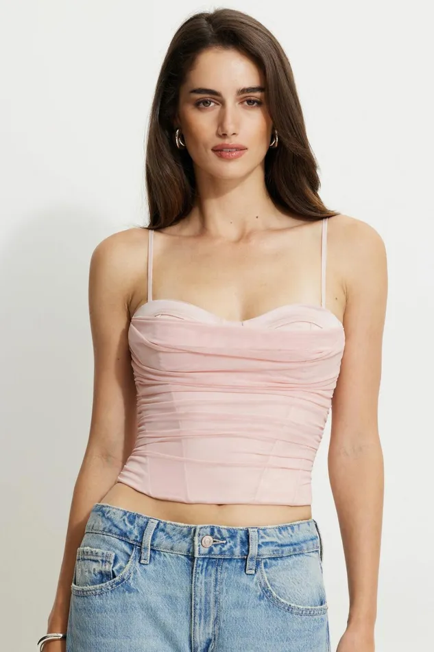 Dynamite Blouses and Tops Women Draped Mesh Corset Top Pink