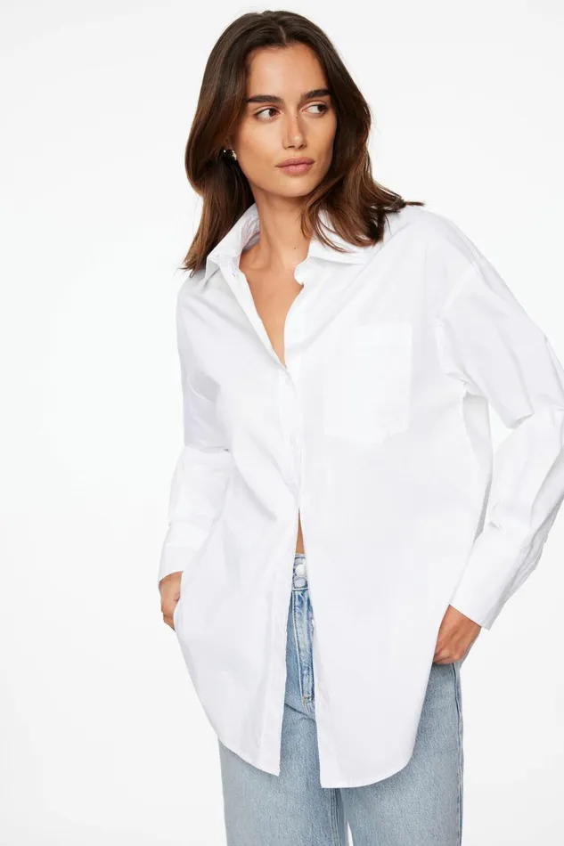 Dynamite Blouses and Tops Women Frida Oversized Poplin Button Up Shirt White