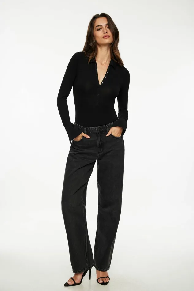 Dynamite Bodysuits Women Jersey Long Sleeve Polo Bodysuit Black