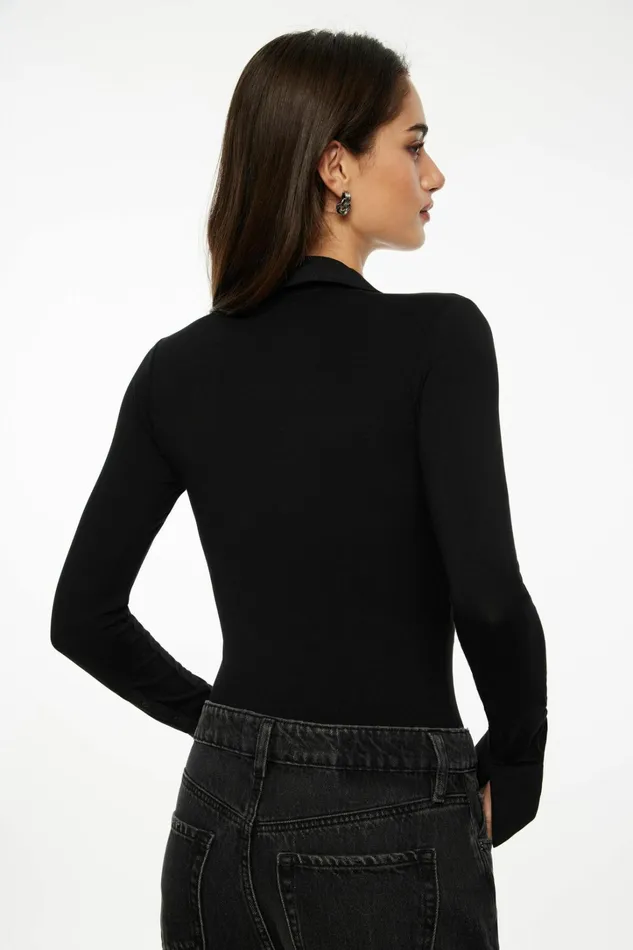 Dynamite Bodysuits Women Jersey Long Sleeve Polo Bodysuit Black