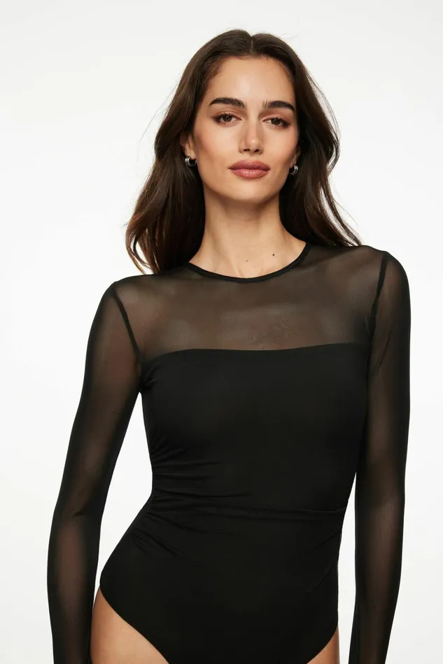 Dynamite Bodysuits Women Open Back Mesh Bodysuit Black