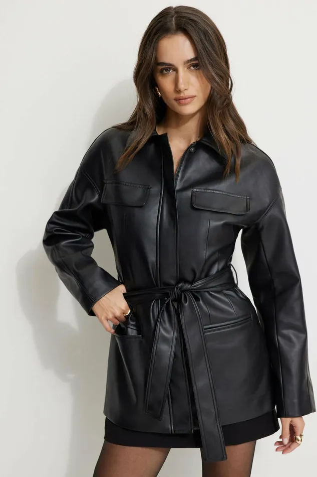 Dynamite Coats and Jackets Women Belted Faux Leather Jacket Black
