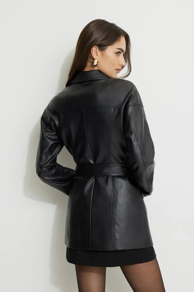 Dynamite Coats and Jackets Women Belted Faux Leather Jacket Black