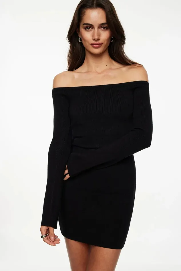 Dynamite Dresses and Jumpsuits Women Ribbed Off Shoulder Mini Dress Black