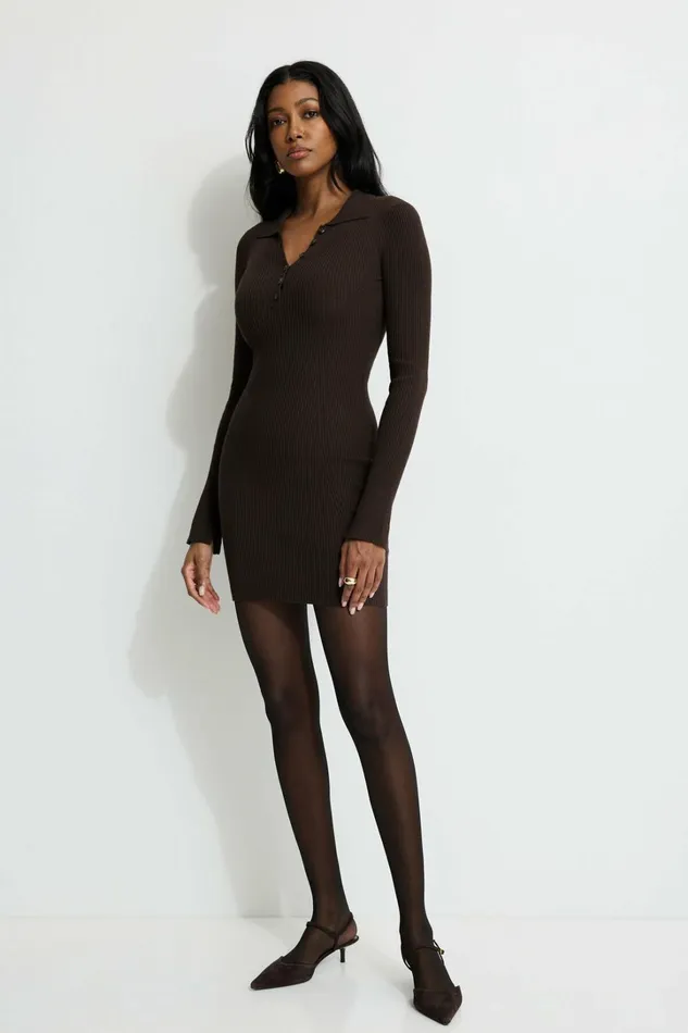 Dynamite Dresses and Jumpsuits Women Ribbed Polo Mini Dress Brown