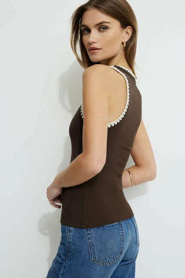 Dynamite Tops Women Contrast Stitch Tank Top Brown