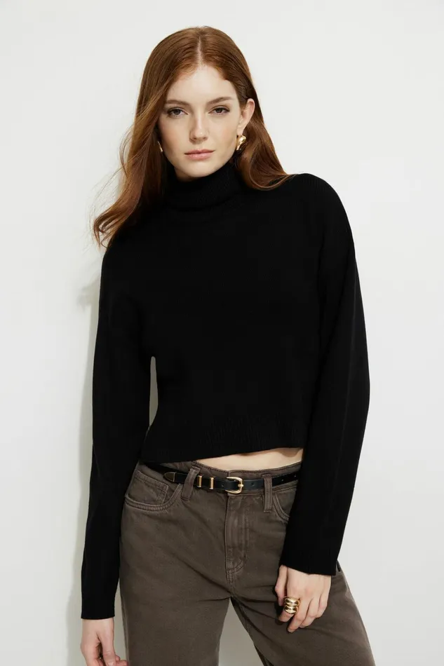 Dynamite Tops Women Cropped Turtleneck Sweater Black