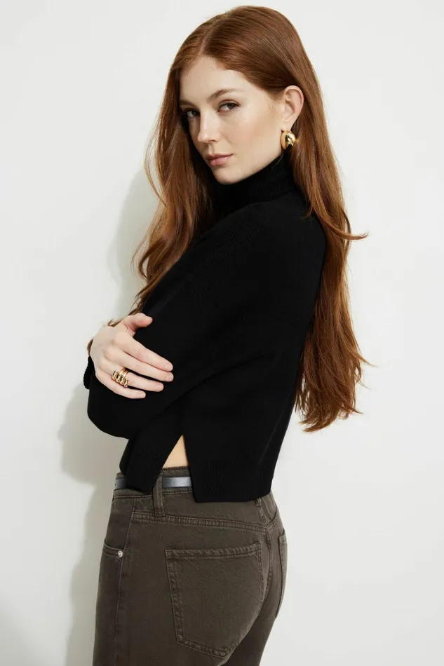 Dynamite Tops Women Cropped Turtleneck Sweater Black