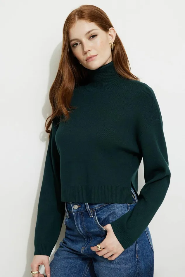 Dynamite Tops Women Cropped Turtleneck Sweater Green