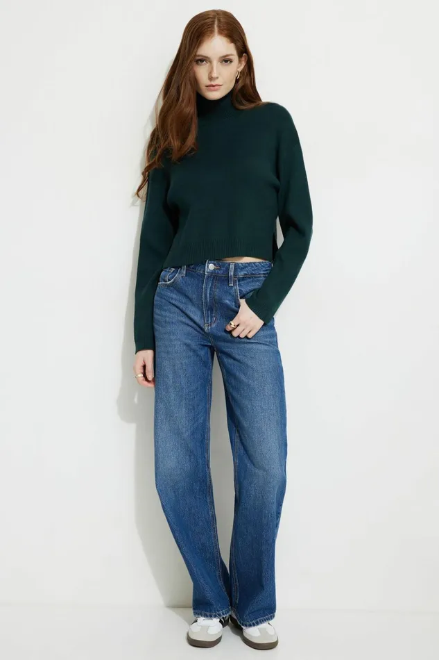 Dynamite Tops Women Cropped Turtleneck Sweater Green