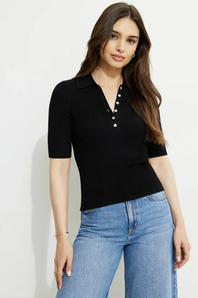 Dynamite Tops Women Ribbed Quarter Sleeve Polo Black