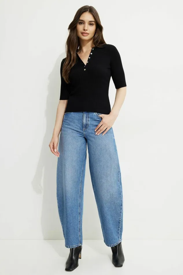 Dynamite Tops Women Ribbed Quarter Sleeve Polo Black