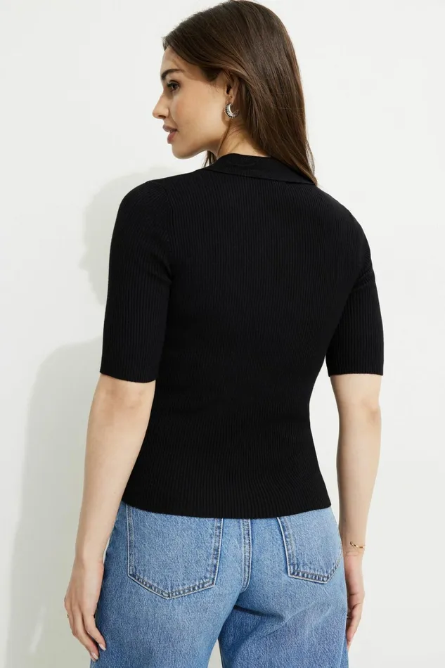 Dynamite Tops Women Ribbed Quarter Sleeve Polo Black