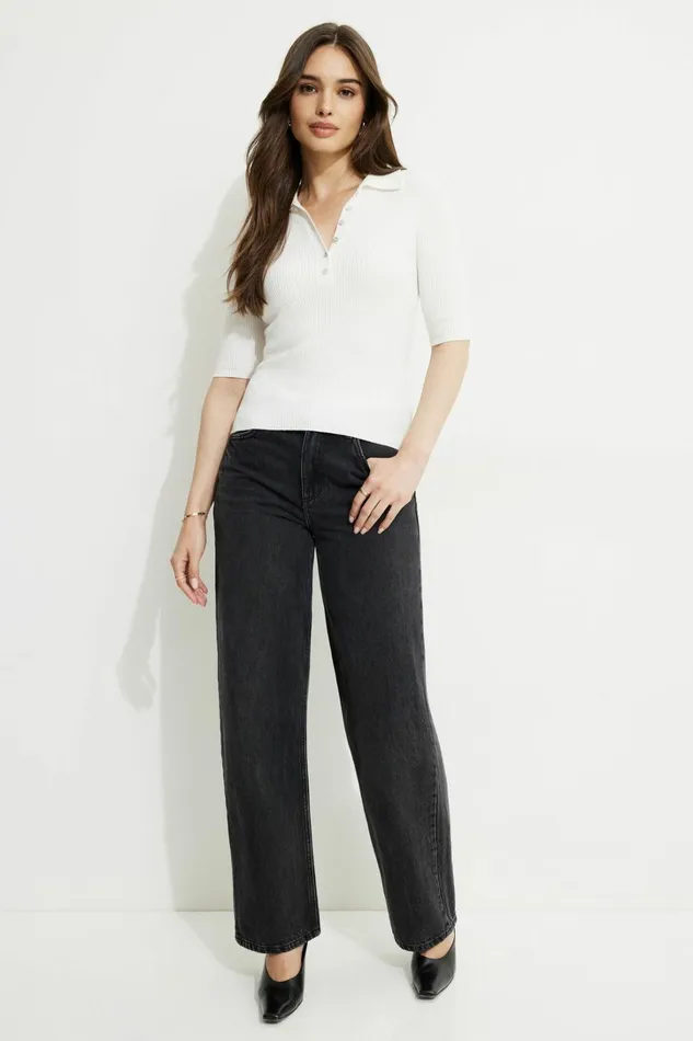 Dynamite Tops Women Ribbed Quarter Sleeve Polo White