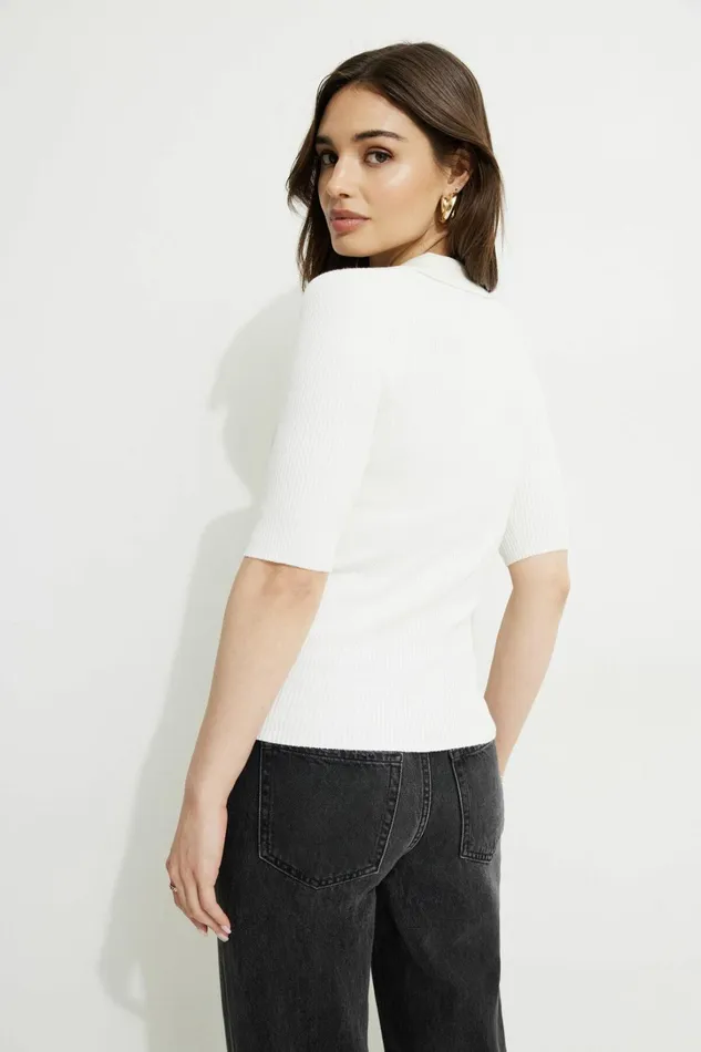 Dynamite Tops Women Ribbed Quarter Sleeve Polo White
