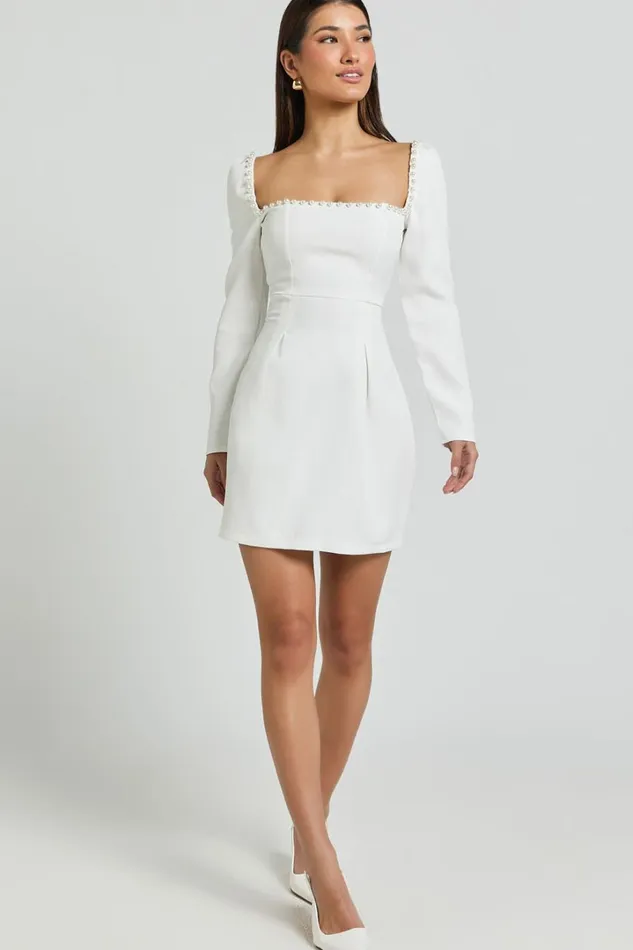 Edelyn Mini Dress 8211 Square Neck Long Sleeve A Line Dress In White Women Showpo Dresses