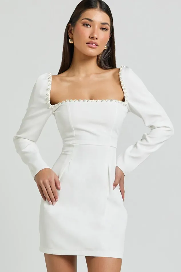 Edelyn Mini Dress 8211 Square Neck Long Sleeve A Line Dress In White Women Showpo Dresses
