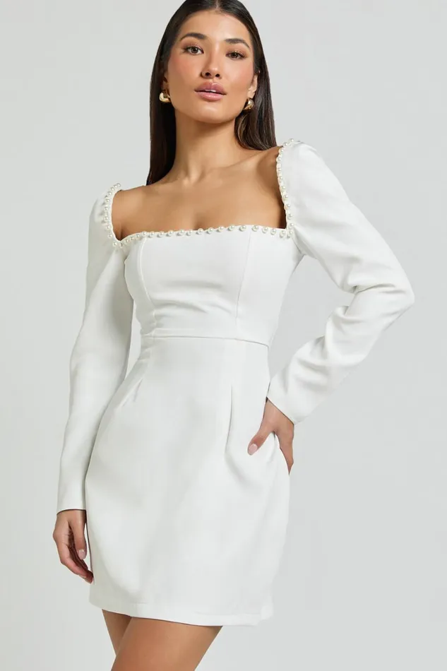Edelyn Mini Dress 8211 Square Neck Long Sleeve A Line Dress In White Women Showpo Dresses