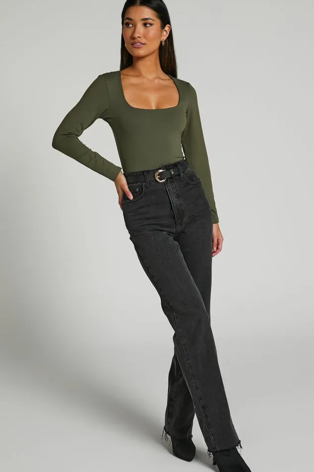 Elia Bodysuit 8211 Square Neck Long Sleeve Bodysuit In Olive Women Showpo Basics