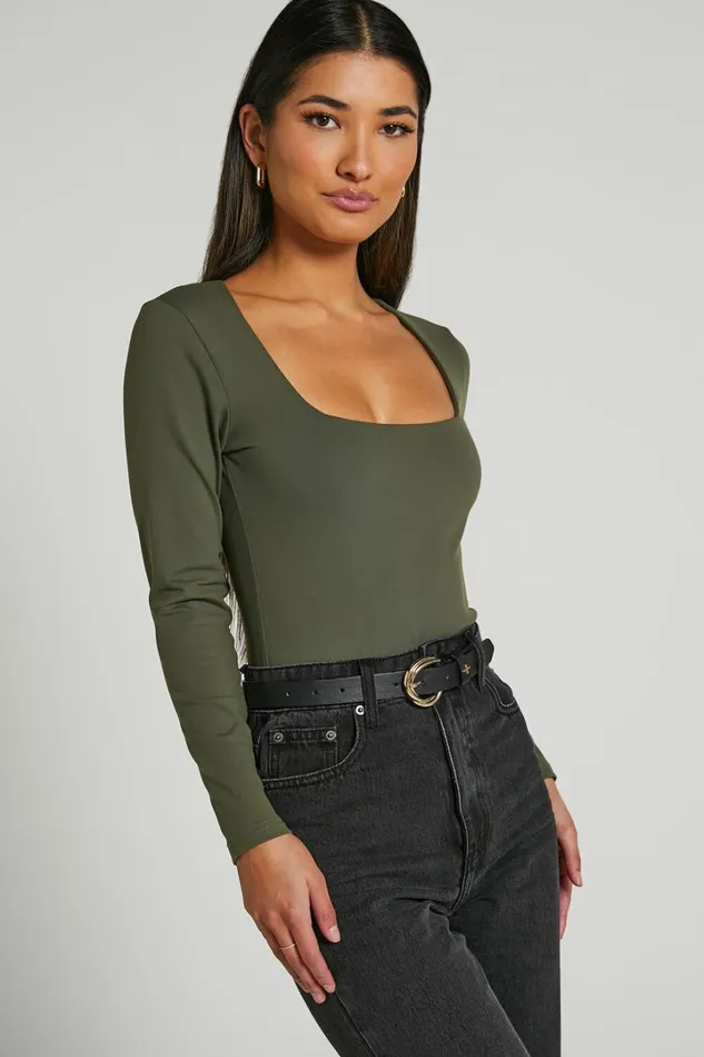 Elia Bodysuit 8211 Square Neck Long Sleeve Bodysuit In Olive Women Showpo Basics