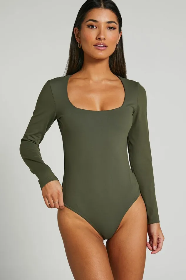 Elia Bodysuit 8211 Square Neck Long Sleeve Bodysuit In Olive Women Showpo Basics