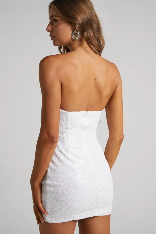 Elisabeth Mini Dress 8211 Bead Fringe Strapless Sequin Dress In White Women Showpo Dresses