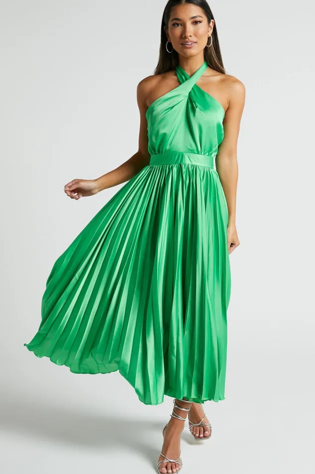 Eloise Midi Dress 8211 Halter Neck Pleated Dress In Jewel Green Women Showpo Dresses
