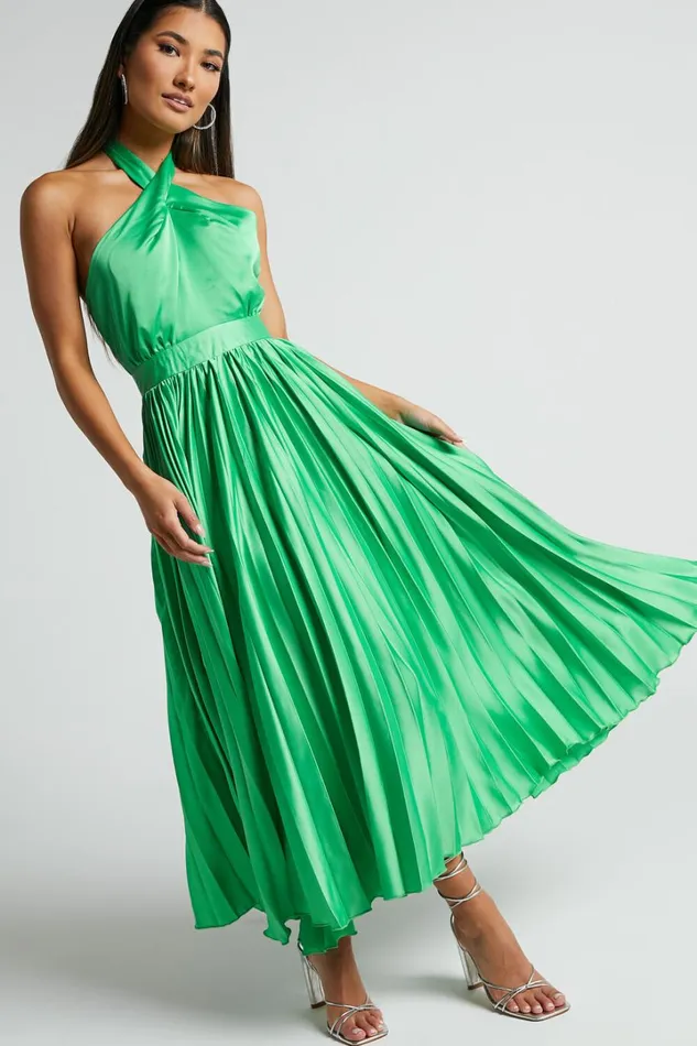 Eloise Midi Dress 8211 Halter Neck Pleated Dress In Jewel Green Women Showpo Dresses