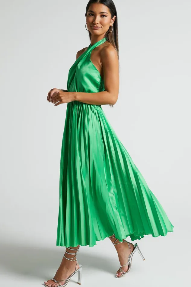 Eloise Midi Dress 8211 Halter Neck Pleated Dress In Jewel Green Women Showpo Dresses
