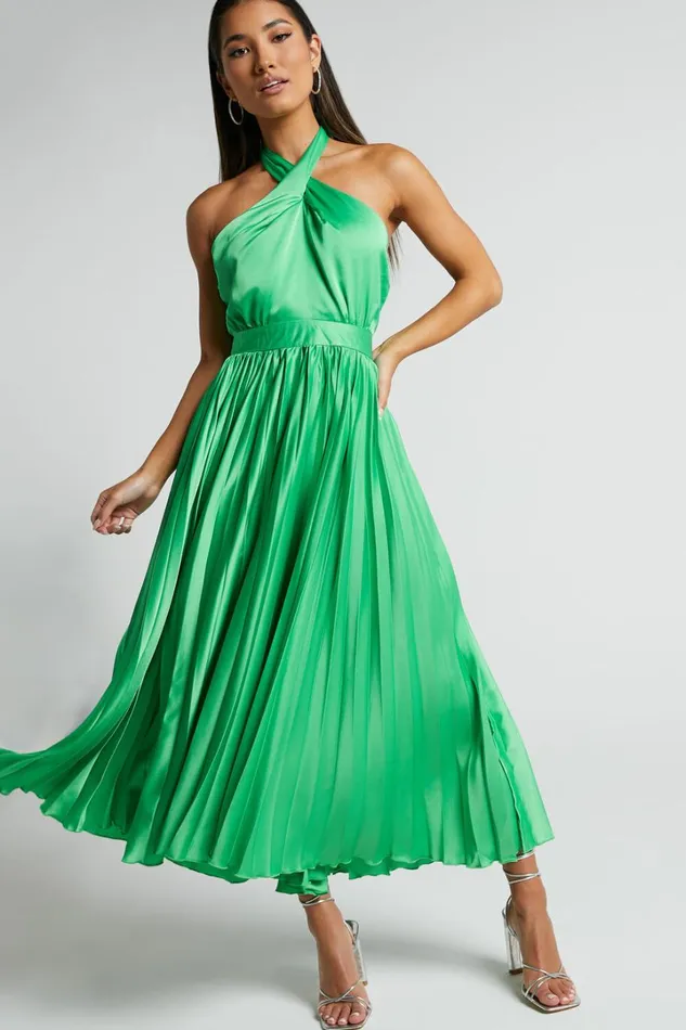 Eloise Midi Dress 8211 Halter Neck Pleated Dress In Jewel Green Women Showpo Dresses