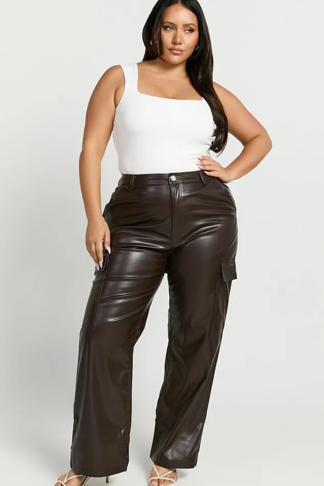 Elviera Pants 8211 High Waisted Faux Leather Cargo Pants In Dark Chocolate Women Showpo Curve Clothes