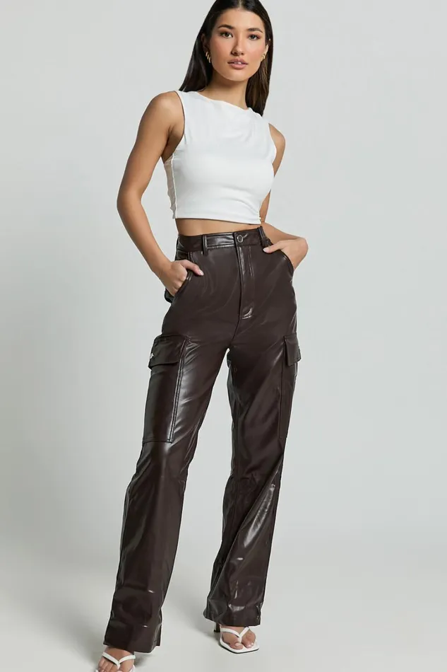 Elviera Pants 8211 High Waisted Faux Leather Cargo Pants In Dark Chocolate Women Showpo Curve Clothes