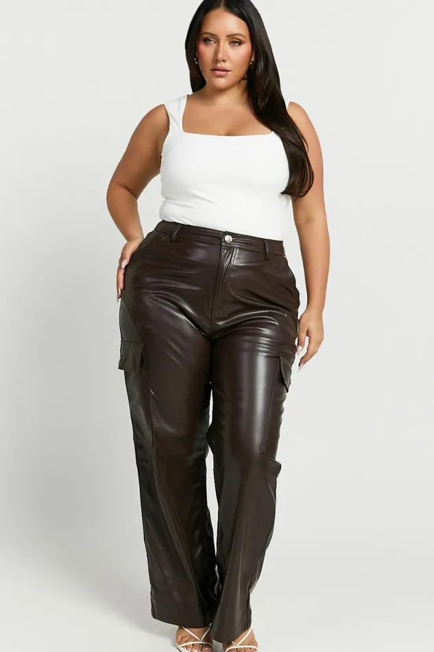 Elviera Pants 8211 High Waisted Faux Leather Cargo Pants In Dark Chocolate Women Showpo Curve Clothes
