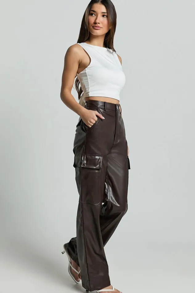 Elviera Pants 8211 High Waisted Faux Leather Cargo Pants In Dark Chocolate Women Showpo Curve Clothes