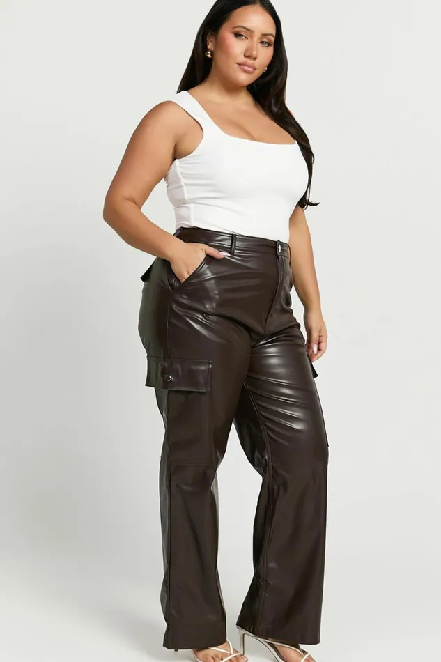 Elviera Pants 8211 High Waisted Faux Leather Cargo Pants In Dark Chocolate Women Showpo Curve Clothes