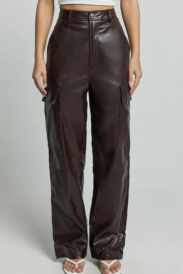 Elviera Pants 8211 High Waisted Faux Leather Cargo Pants In Dark Chocolate Women Showpo Curve Clothes