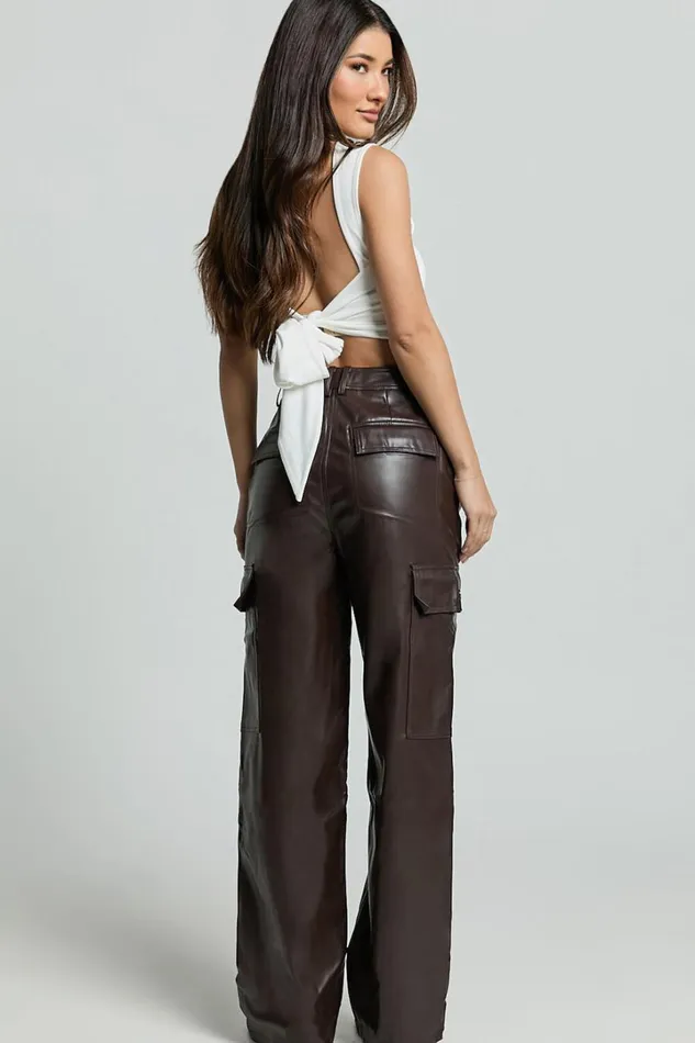 Elviera Pants 8211 High Waisted Faux Leather Cargo Pants In Dark Chocolate Women Showpo Curve Clothes