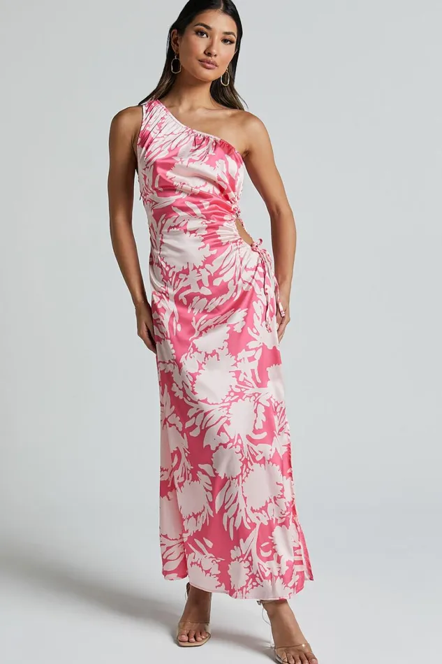 Elycia Midi Dress 8211 One Shoulder Side Cut Out Dress In Pink Floral Women Showpo Dresses
