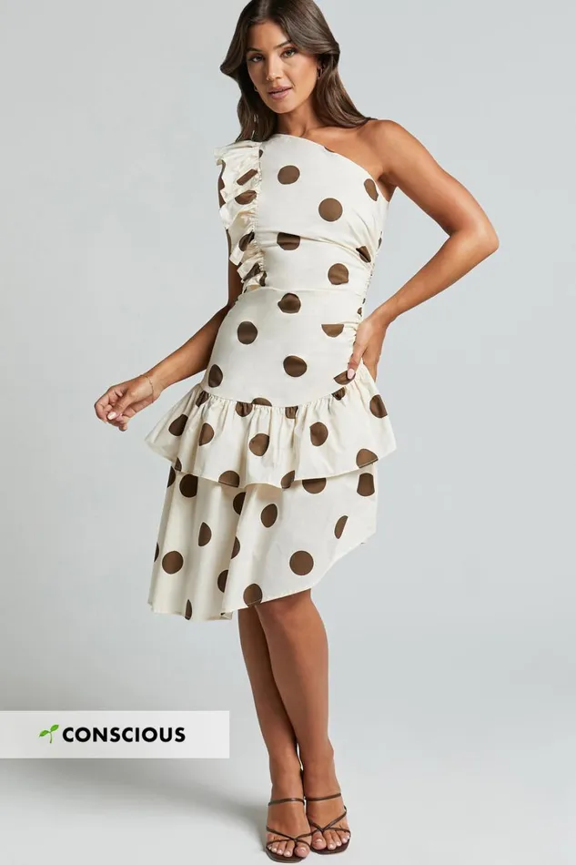Emilie Midi Dress 8211 One Shoulder Ruffle Detail Dress In Chocolate And Natural Women Showpo Dresses Emilie Midi Dress 8211 One Shoulder Ruffle Detail Dress In Chocolate And Natural Women Showpo Dresses