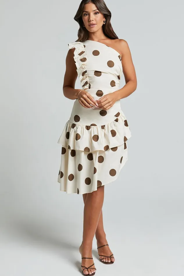 Emilie Midi Dress 8211 One Shoulder Ruffle Detail Dress In Chocolate And Natural Women Showpo Dresses
