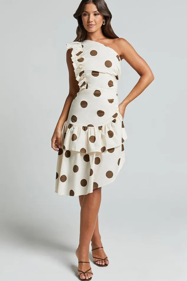 Emilie Midi Dress 8211 One Shoulder Ruffle Detail Dress In Chocolate And Natural Women Showpo Dresses