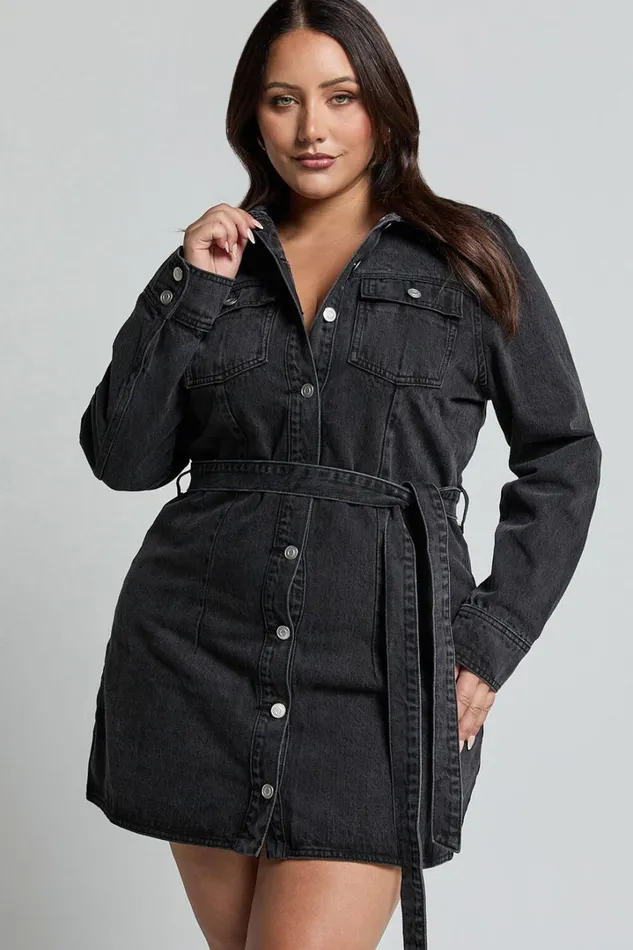 Enriquetta Mini Dress 8211 Cotton Denim Long Sleeve Button Up Dress In Washed Black Women Showpo Curve Clothes