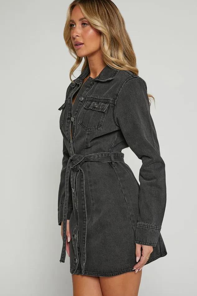 Enriquetta Mini Dress 8211 Cotton Denim Long Sleeve Button Up Dress In Washed Black Women Showpo Curve Clothes
