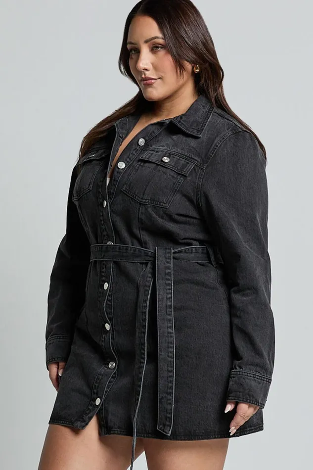 Enriquetta Mini Dress 8211 Cotton Denim Long Sleeve Button Up Dress In Washed Black Women Showpo Curve Clothes