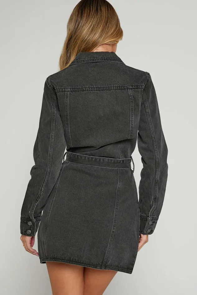 Enriquetta Mini Dress 8211 Cotton Denim Long Sleeve Button Up Dress In Washed Black Women Showpo Curve Clothes