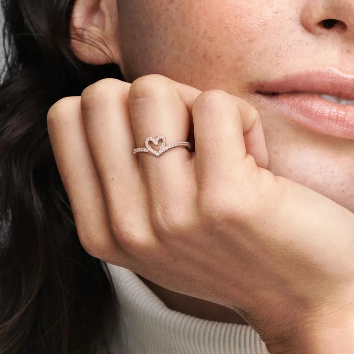 Eternity Rings Women Pandora Sparkling Wishbone Heart Ring Rose Gold Plated