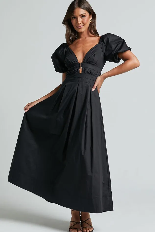 Eva Maxi Dress 8211 Plunge Neck Puff Sleeve Cotton Poplin Dress In Black Women Showpo Dresses Eva Maxi Dress 8211 Plunge Neck Puff Sleeve Cotton Poplin Dress In Black Women Showpo Dresses