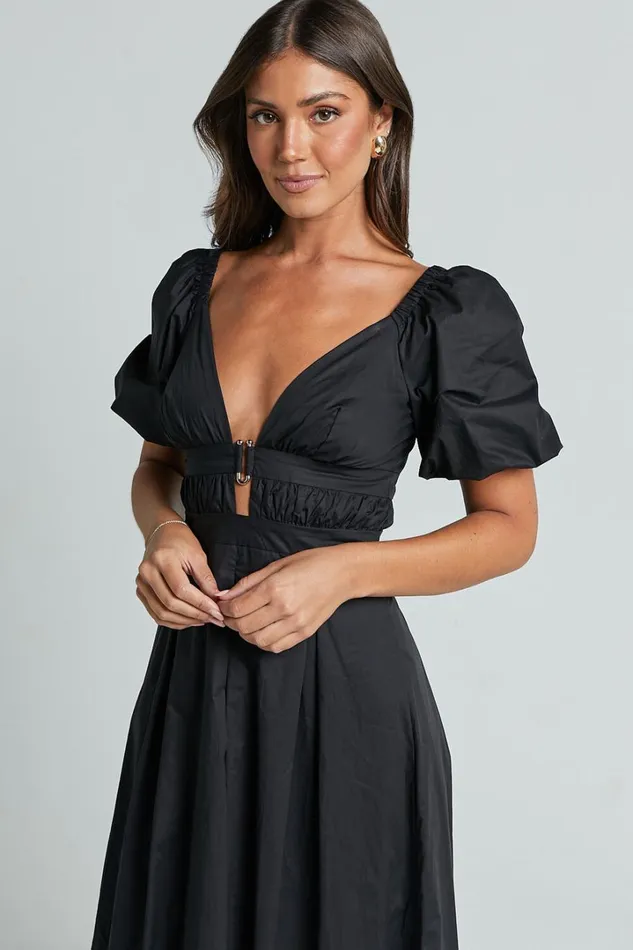 Eva Maxi Dress 8211 Plunge Neck Puff Sleeve Cotton Poplin Dress In Black Women Showpo Dresses