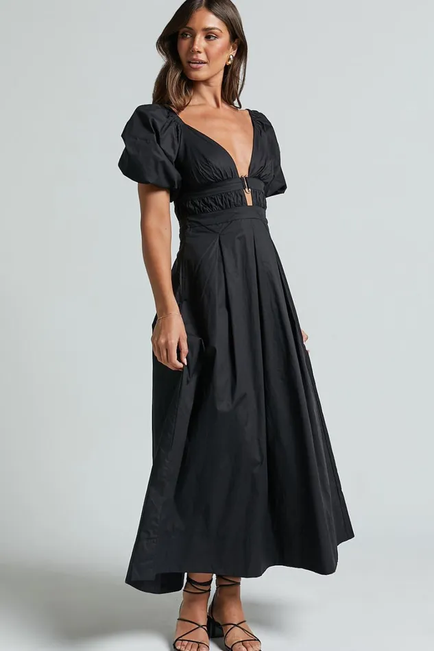 Eva Maxi Dress 8211 Plunge Neck Puff Sleeve Cotton Poplin Dress In Black Women Showpo Dresses